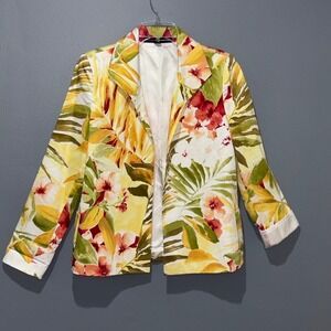 Linda Allard Ellen Tracy Blazer Womens 10 Yellow Floral Tropical Coastal Chic